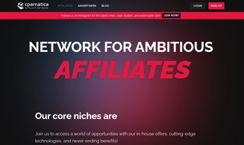 CPAMatica affiliate network online page